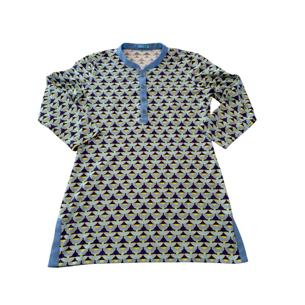 J.McLaughlin Catalina Cloth Tunic Top Blue Geometric Mod Print Henley Small